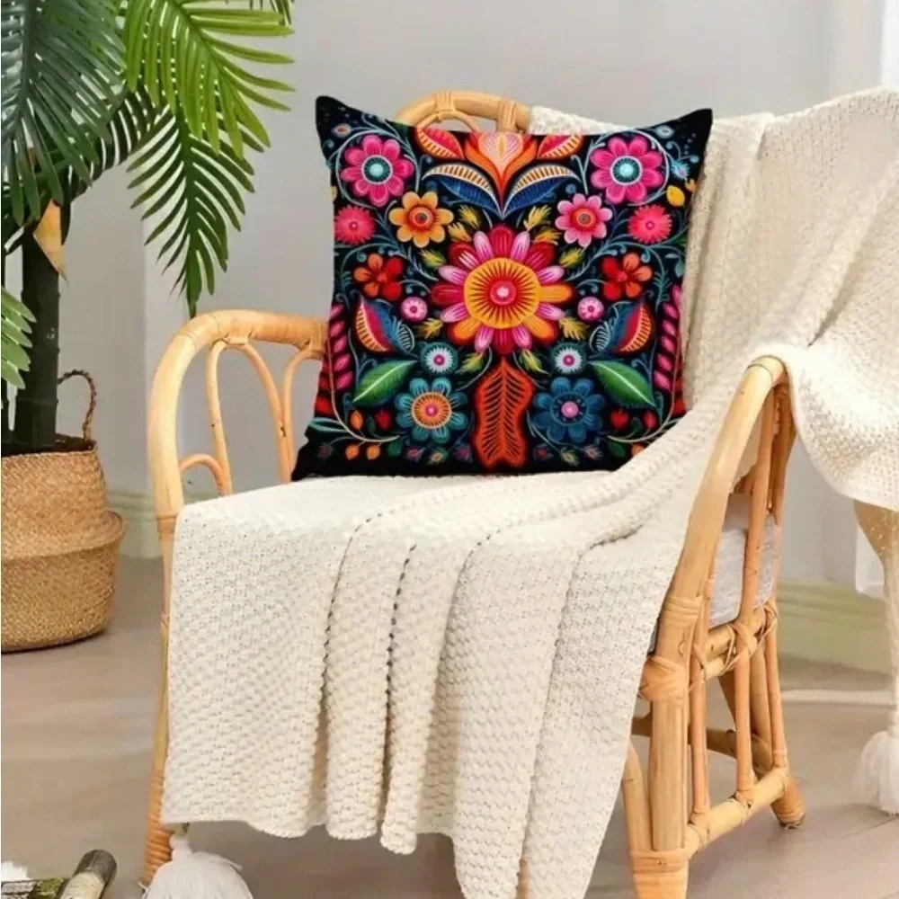 Vibrant Boho Floral Pillow Covers – Set of 4 – Colorful Folk Art Prints 18x18